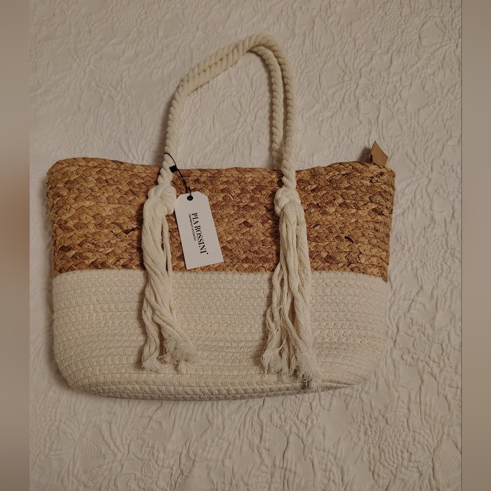NWT Pia Rossini Natural & Cream Straw Beach Tote